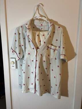 Cherry Print Bubble Textured Pajama Set with Contrast Piping